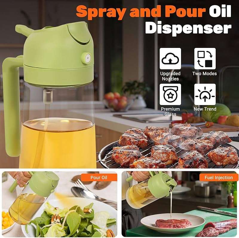 CJT 2 Pack Oil Dispenser Bottle for Kitchen, 2 in 1 Olive Oil Sprayer,16.5OZ/470ML Glass Oil Spray Bottle with Premium Nozzle for Cooking,Barbecue, Air Fryer, Salad(GREEN/WHITE) - Image 4