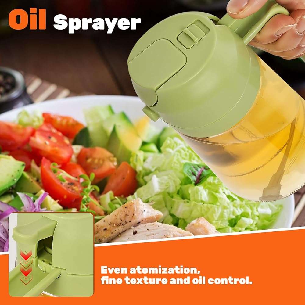 CJT 2 Pack Oil Dispenser Bottle for Kitchen, 2 in 1 Olive Oil Sprayer,16.5OZ/470ML Glass Oil Spray Bottle with Premium Nozzle for Cooking,Barbecue, Air Fryer, Salad(GREEN/WHITE) - Image 5