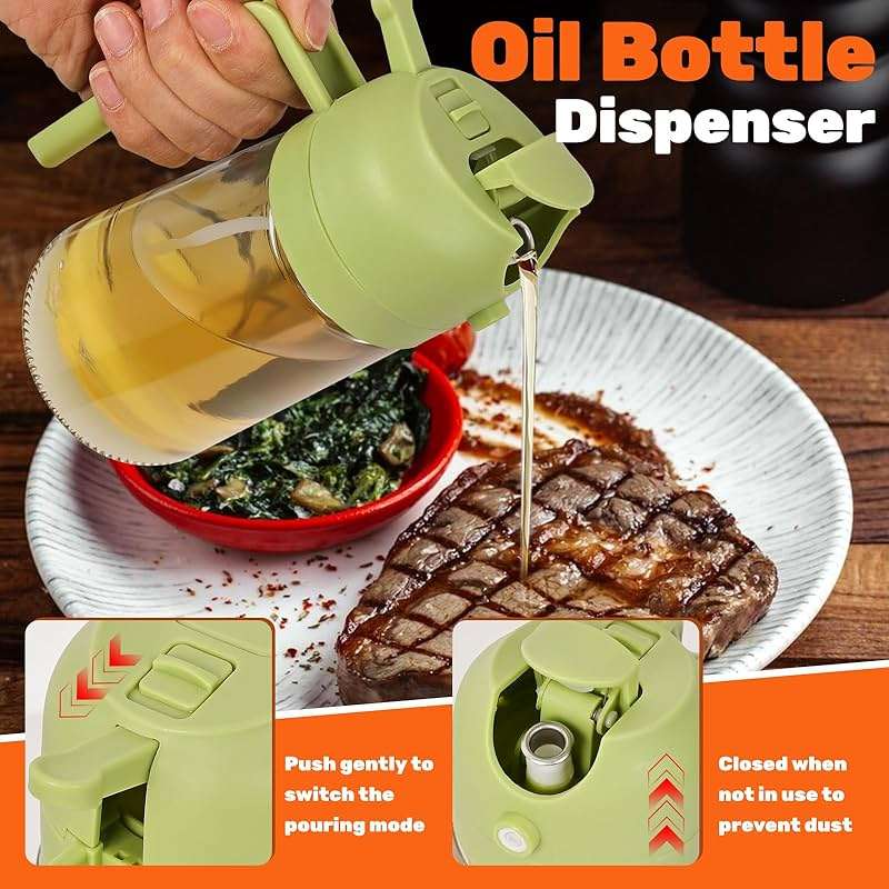 CJT 2 Pack Oil Dispenser Bottle for Kitchen, 2 in 1 Olive Oil Sprayer,16.5OZ/470ML Glass Oil Spray Bottle with Premium Nozzle for Cooking,Barbecue, Air Fryer, Salad(GREEN/WHITE) - Image 6