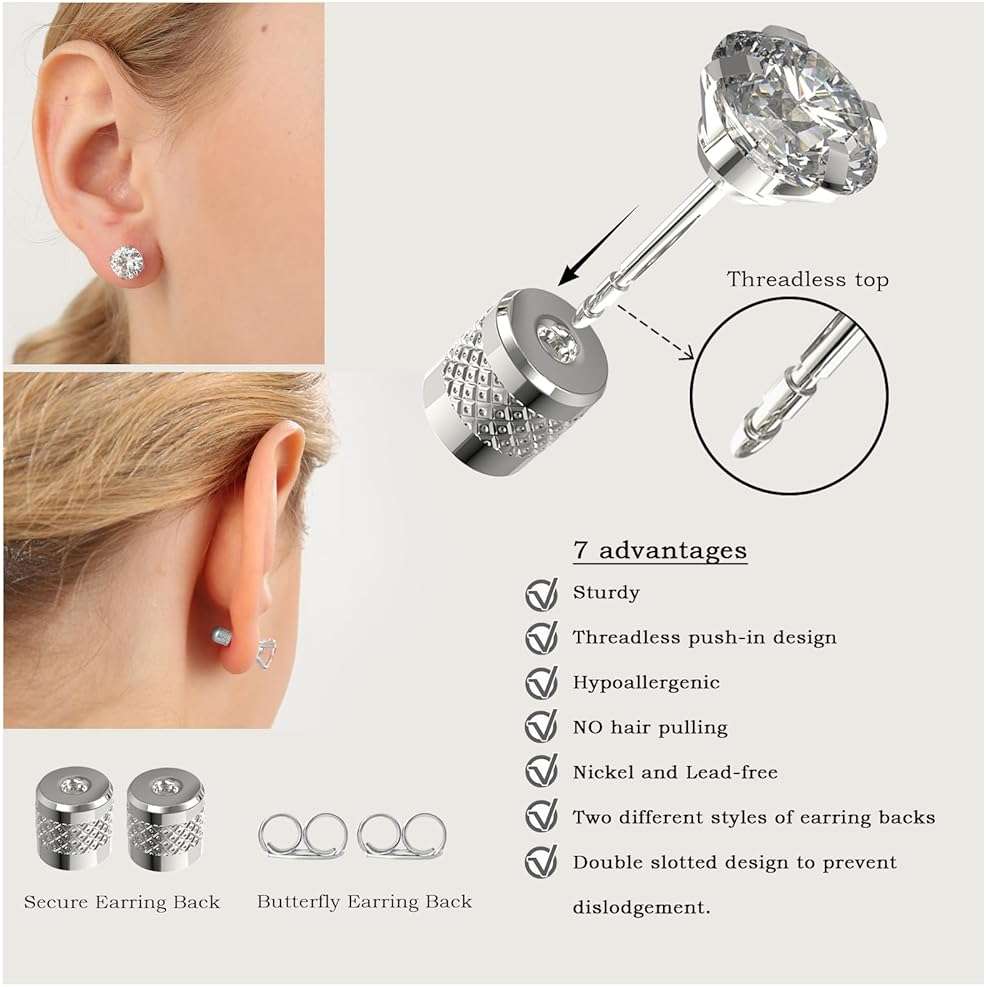 5-6 pairs Push-in Flat Back Stud Earrings Hypoallergenic Surgical Stainless Steel Cubic Zirconia Earrings Studs Set Multi-Pack, CZ Stud Earrings for Women Men Trendy Cartilage Stud Earrings 2-8mm - Image 2