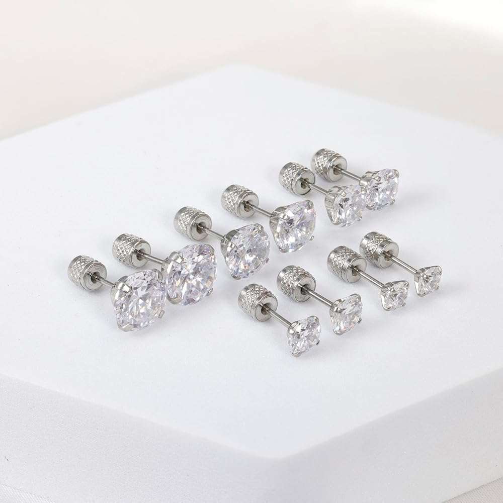 5-6 pairs Push-in Flat Back Stud Earrings Hypoallergenic Surgical Stainless Steel Cubic Zirconia Earrings Studs Set Multi-Pack, CZ Stud Earrings for Women Men Trendy Cartilage Stud Earrings 2-8mm - Image 4