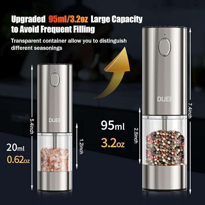 DIJEE Rechargeable Pepper Grinder Mill Electric Rechargeable Usb Type-C Salt and Pepper Grinder Set Automatic Large Capacity Automatic Salt Pepper Mill Grinder with LED Light for Kitchen, 1 Pack - Image 2