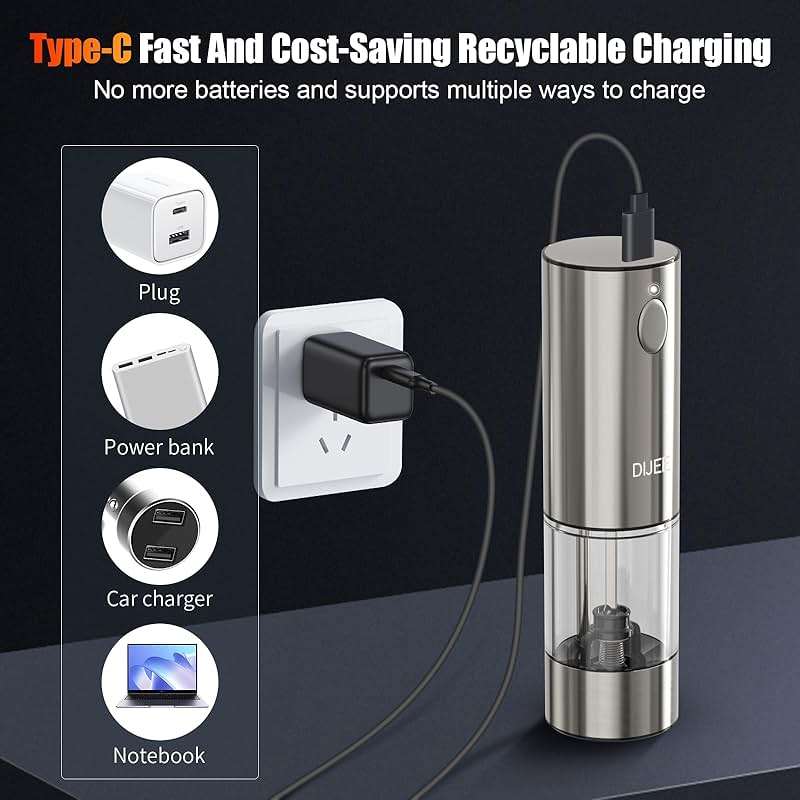 DIJEE Rechargeable Pepper Grinder Mill Electric Rechargeable Usb Type-C Salt and Pepper Grinder Set Automatic Large Capacity Automatic Salt Pepper Mill Grinder with LED Light for Kitchen, 1 Pack - Image 5