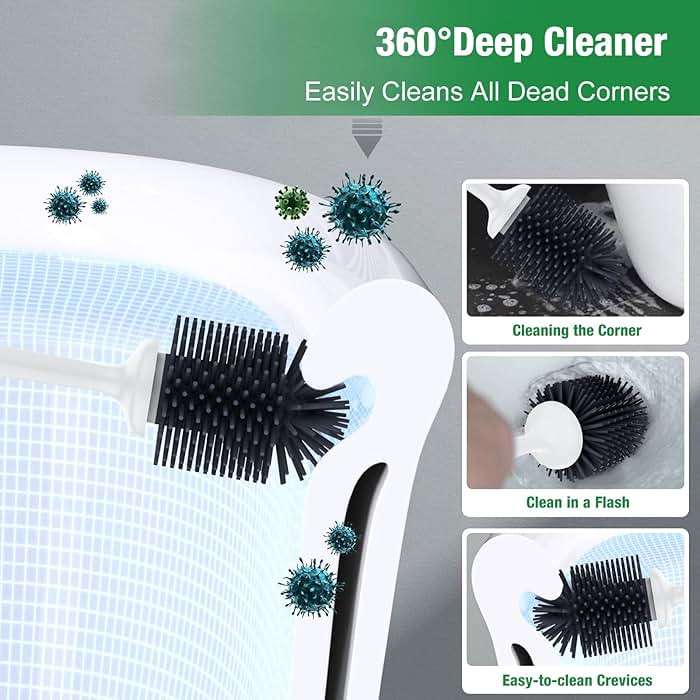 Lefree, 2 in 1 Toilet Brush and Plunger Set with Silicone Bristles, Plastic Material, Includes Holder, White/Black, for Deep Cleaning - Image 3
