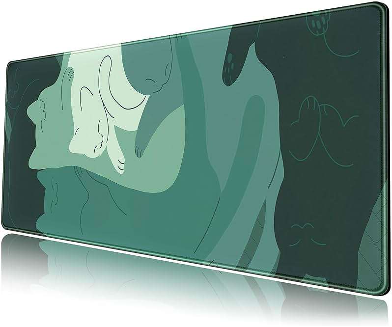 Cute Green Cat Desk Mat Extended Mouse Pad Large Gaming Mousepad XL Long Desk Pad Minimalist Laptop Keyboard Pad Deskmat Deskpad Desktop Mouse Mat Big 31.5"x11.8" with Stitched Edges - Image 1