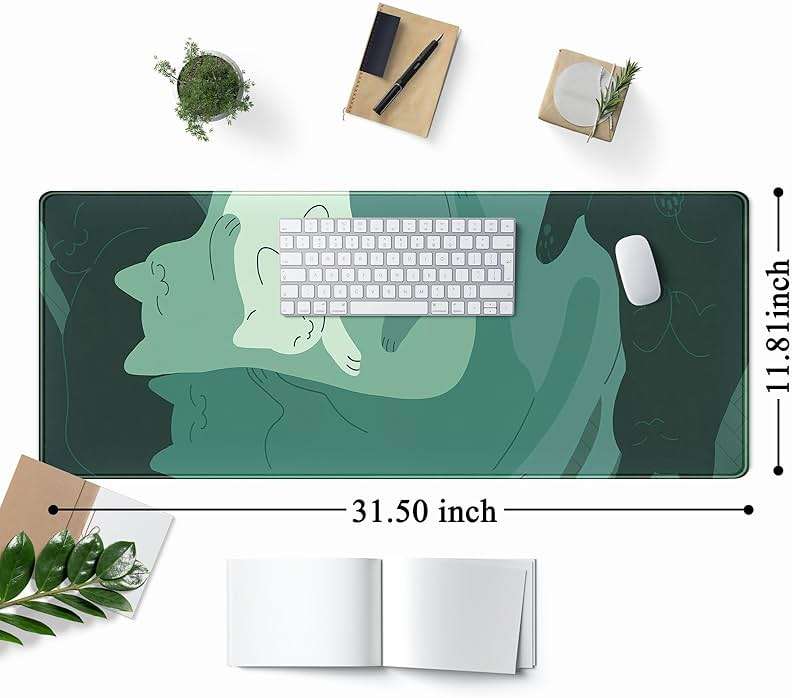 Cute Green Cat Desk Mat Extended Mouse Pad Large Gaming Mousepad XL Long Desk Pad Minimalist Laptop Keyboard Pad Deskmat Deskpad Desktop Mouse Mat Big 31.5"x11.8" with Stitched Edges - Image 3