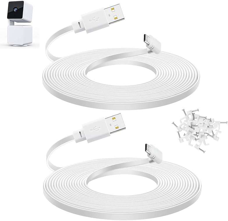 Smays 10 ft Cable for WYZE Cam Pan v3 Camera, Long Micro USB Flat Power Cord, 90 Degree 2-Pack, White - Image 1