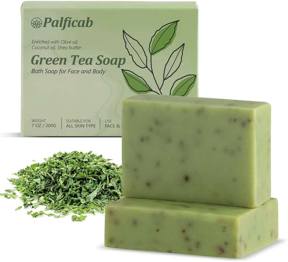 PALFICAB Green Tea Soap for Face & Body, Green Soap with Tea Leaves, Coconut Oil, Shea Butter, Homemade - Cold Pressed Vegan Green Tea Soap for Eliminating Odor, Exfoliating, Moisturizing, 2 Bars - Image 1