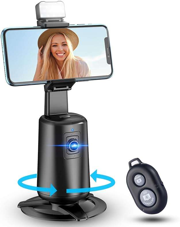 Auto Face Tracking Tripod 360° Rotating Cell Phone Photo and Video Kits Stand, No App, Camera Stand with Remote and Gesture Control, Rechargeable Smart Shooting Stand for Live Recording Tiktok（Black） - Image 1