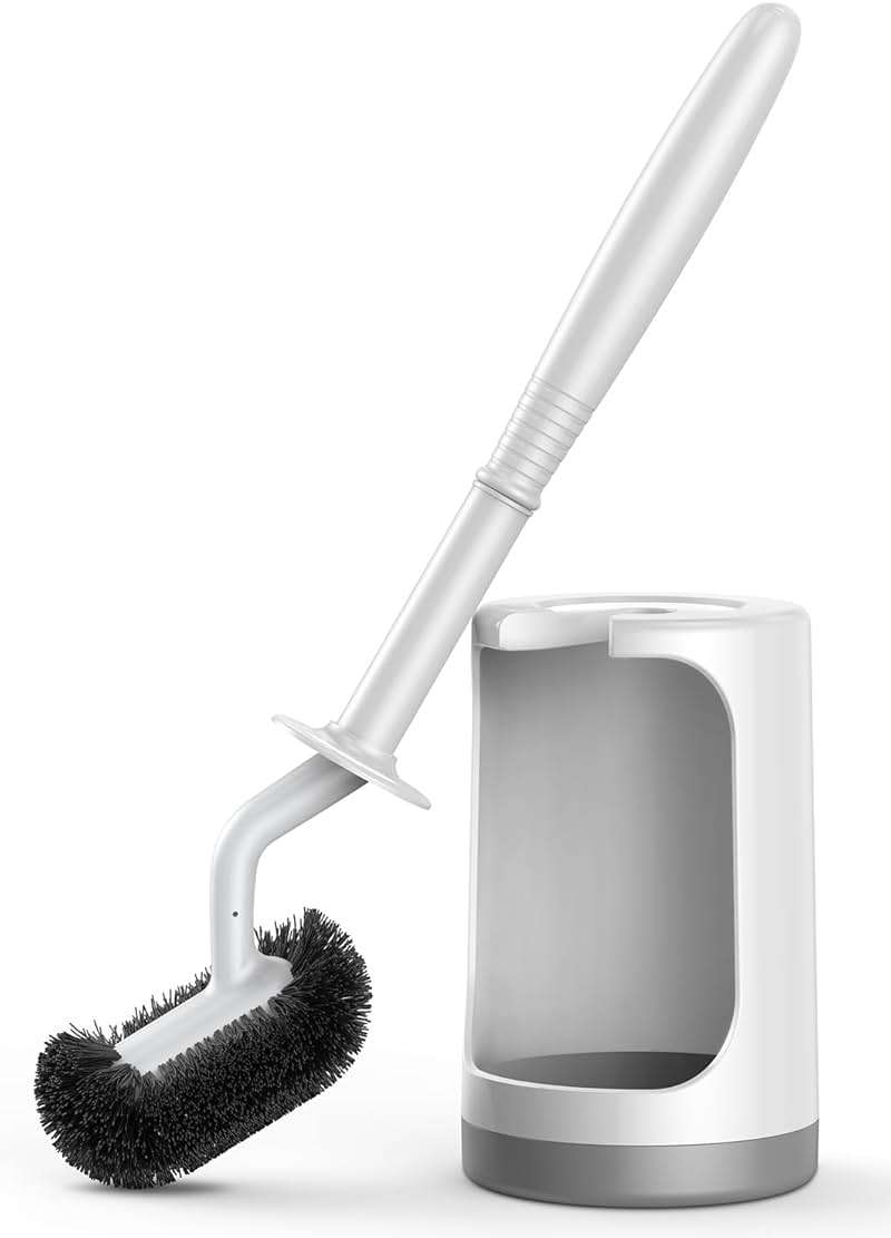 HAMITOR Toilet Bowl Brush Holder Set: Curved Design with Holder for Deep Cleaning Under Rim - Compact Hidden Scrubber for Small Space - Modern RV Bathroom Accessories - White 1 Pack - Image 1