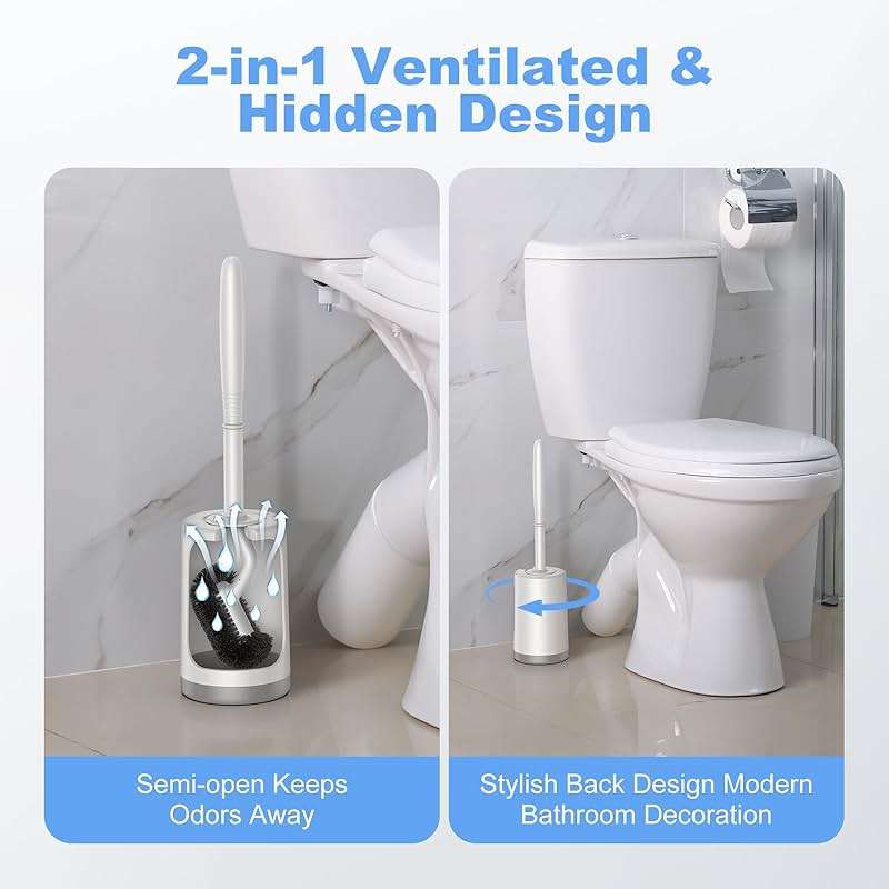 HAMITOR Toilet Bowl Brush Holder Set: Curved Design with Holder for Deep Cleaning Under Rim - Compact Hidden Scrubber for Small Space - Modern RV Bathroom Accessories - White 1 Pack - Image 5