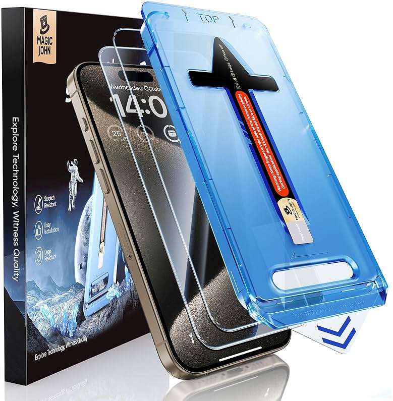 MAGIC JOHN 2 Pack for iPhone 15 Pro Max 6.7 inch Tempered Glass Screen Protector, Auto Dust-Elimination Installation, Bubble Free, Dynamic Island Compatible, HD Clear, Easy Installation - Image 1