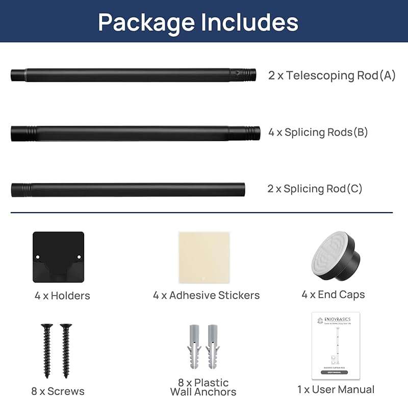 ENJOYBASICS 2 Pack Adjustable Spring Tension Curtain Rods 32 to 66 Inches, Stainless Steel Matte Black Shower Rod No Drilling for Window, Bathroom, Closet, Room Divider, 7/8" Diameter - Image 7