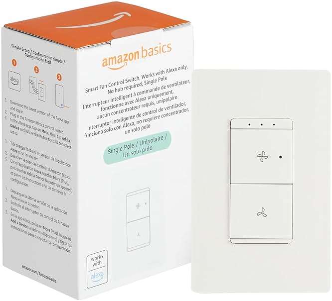 Amazon Basics Smart Ceiling Fan Control Switch, 4-Speed, Single Pole, Voice Control, Works with Alexa Only, Control from Anywhere, 2.4 GHz Wi-Fi, No Hub Required, White - Image 1