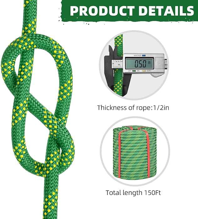 Lopevex 1/2 Inch Static Climbing Rope (150 Ft) - 9000lbs High Strength Arborist Bull Rope for Tree Pulling, Rigging & Rappelling - 48 Strand Polyester Braided Core, Green - Image 5