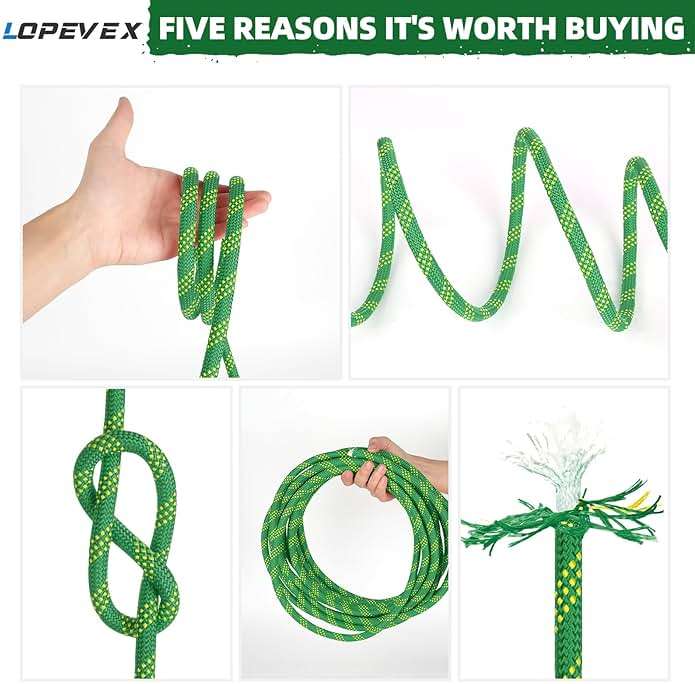 Lopevex 1/2 Inch Static Climbing Rope (150 Ft) - 9000lbs High Strength Arborist Bull Rope for Tree Pulling, Rigging & Rappelling - 48 Strand Polyester Braided Core, Green - Image 6