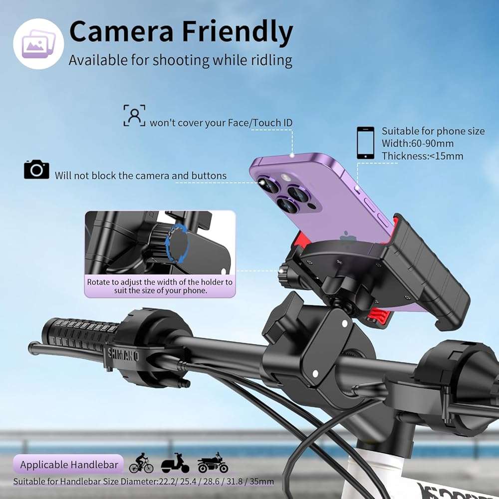 Bike Phone Mount Holder, [Camera Friendly] Motorcycle Phone Mount for Electric Scooter, Mountain, Dirt Bike and Motorcycle - 360° Rotate Suitable for iPhone & Android Smartphones from 4.5-7.0 inches - Image 2