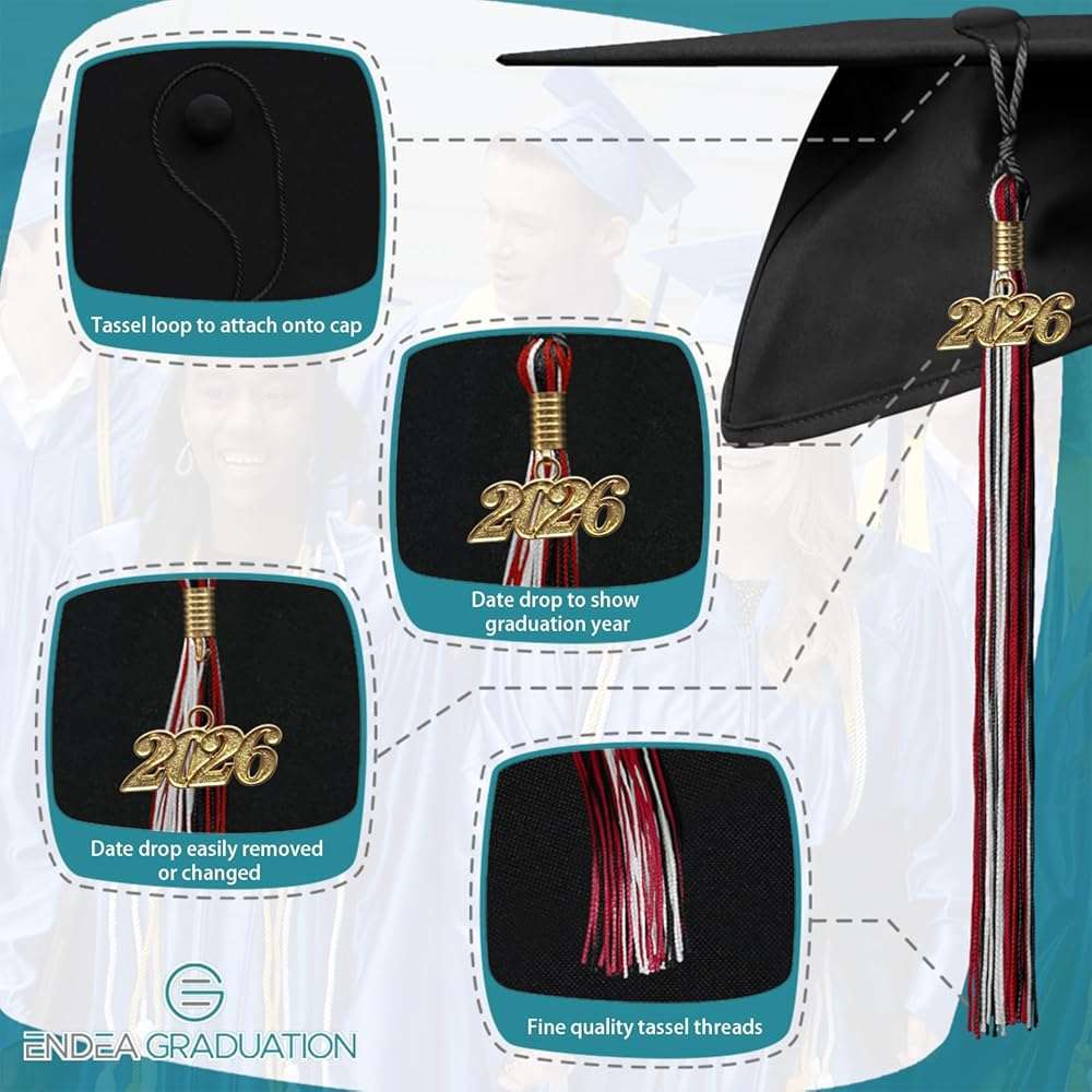 Endea Graduation Mixed Triple Color Tassel with Gold Date Drop (Black/Red/White, 2026) - Image 4