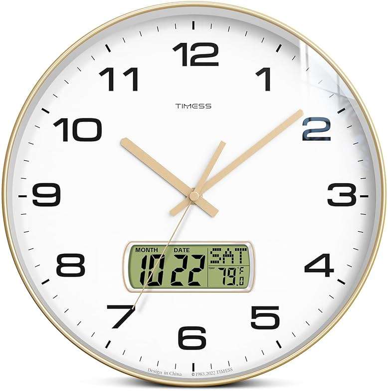 TIMESS Wall Clock, 10" Dial Non-Ticking Silent Battery Operated Analog with LCD Display for Perpetual Calendar and F° Temperature, Ideal Modern Home, Bedroom, Kitchen, Office Decor (Gold) - Image 1