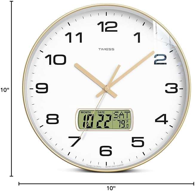 TIMESS Wall Clock, 10" Dial Non-Ticking Silent Battery Operated Analog with LCD Display for Perpetual Calendar and F° Temperature, Ideal Modern Home, Bedroom, Kitchen, Office Decor (Gold) - Image 2