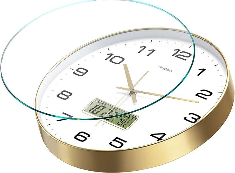 TIMESS Wall Clock, 10" Dial Non-Ticking Silent Battery Operated Analog with LCD Display for Perpetual Calendar and F° Temperature, Ideal Modern Home, Bedroom, Kitchen, Office Decor (Gold) - Image 3