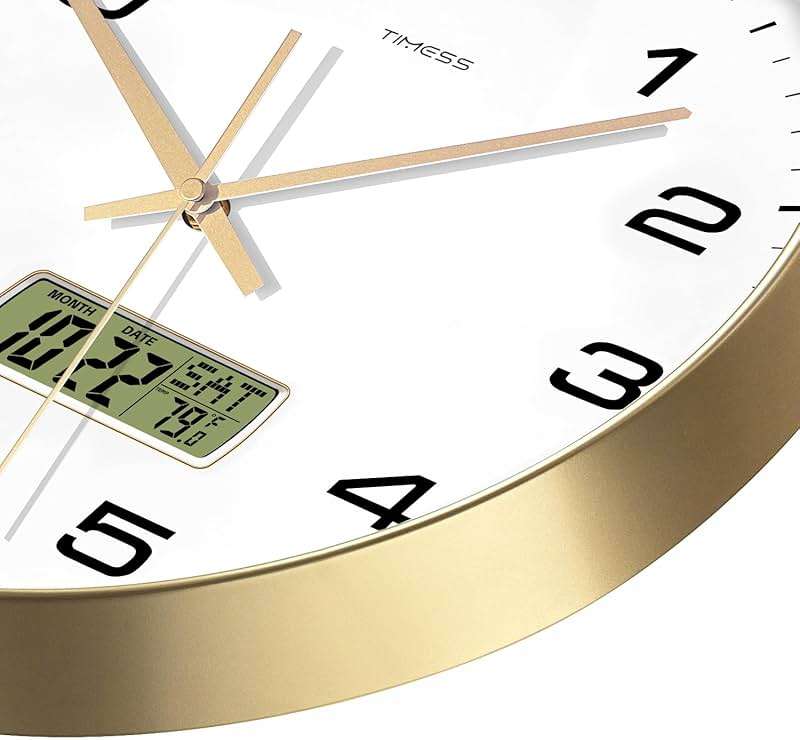 TIMESS Wall Clock, 10" Dial Non-Ticking Silent Battery Operated Analog with LCD Display for Perpetual Calendar and F° Temperature, Ideal Modern Home, Bedroom, Kitchen, Office Decor (Gold) - Image 4