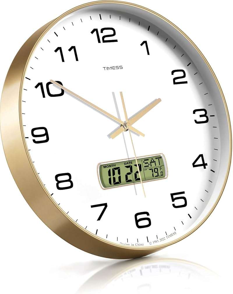 TIMESS Wall Clock, 10" Dial Non-Ticking Silent Battery Operated Analog with LCD Display for Perpetual Calendar and F° Temperature, Ideal Modern Home, Bedroom, Kitchen, Office Decor (Gold) - Image 5