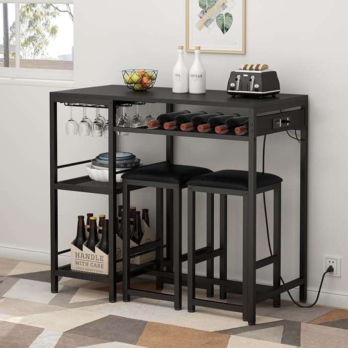 Gyfimoie Bar Table and Chairs Set with Power Outlet, Pub Table and Chairs Set for 2 with 2 Storage Shelves, 3 Piece Table Set with Wine Rack&Glass Holder for Living Room,Dining Room,Small Apt (Black) - Image 1
