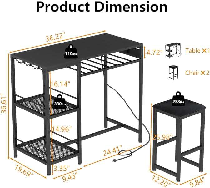 Gyfimoie Bar Table and Chairs Set with Power Outlet, Pub Table and Chairs Set for 2 with 2 Storage Shelves, 3 Piece Table Set with Wine Rack&Glass Holder for Living Room,Dining Room,Small Apt (Black) - Image 2