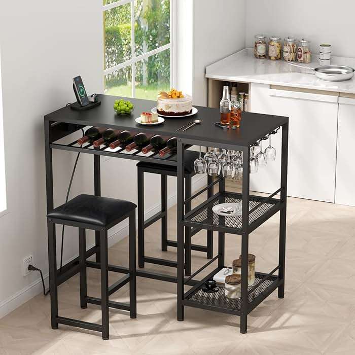 Gyfimoie Bar Table and Chairs Set with Power Outlet, Pub Table and Chairs Set for 2 with 2 Storage Shelves, 3 Piece Table Set with Wine Rack&Glass Holder for Living Room,Dining Room,Small Apt (Black) - Image 3