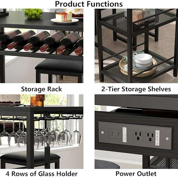 Gyfimoie Bar Table and Chairs Set with Power Outlet, Pub Table and Chairs Set for 2 with 2 Storage Shelves, 3 Piece Table Set with Wine Rack&Glass Holder for Living Room,Dining Room,Small Apt (Black) - Image 4