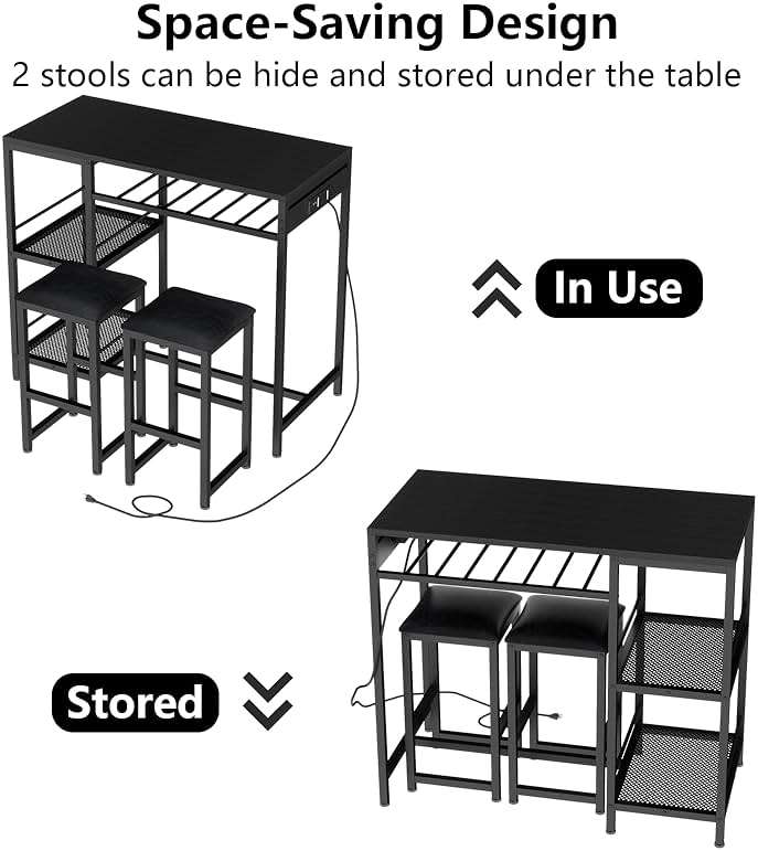 Gyfimoie Bar Table and Chairs Set with Power Outlet, Pub Table and Chairs Set for 2 with 2 Storage Shelves, 3 Piece Table Set with Wine Rack&Glass Holder for Living Room,Dining Room,Small Apt (Black) - Image 5