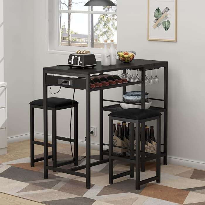 Gyfimoie Bar Table and Chairs Set with Power Outlet, Pub Table and Chairs Set for 2 with 2 Storage Shelves, 3 Piece Table Set with Wine Rack&Glass Holder for Living Room,Dining Room,Small Apt (Black) - Image 6