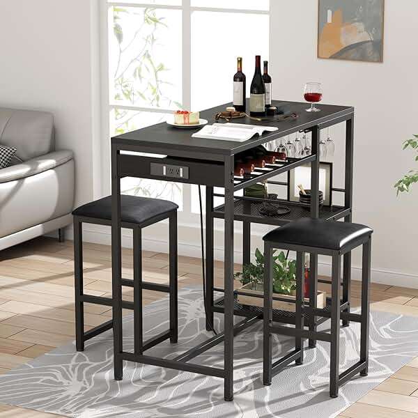 Gyfimoie Bar Table and Chairs Set with Power Outlet, Pub Table and Chairs Set for 2 with 2 Storage Shelves, 3 Piece Table Set with Wine Rack&Glass Holder for Living Room,Dining Room,Small Apt (Black) - Image 7