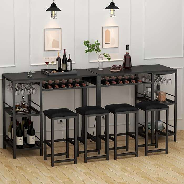 Gyfimoie Bar Table and Chairs Set with Power Outlet, Pub Table and Chairs Set for 2 with 2 Storage Shelves, 3 Piece Table Set with Wine Rack&Glass Holder for Living Room,Dining Room,Small Apt (Black) - Image 8