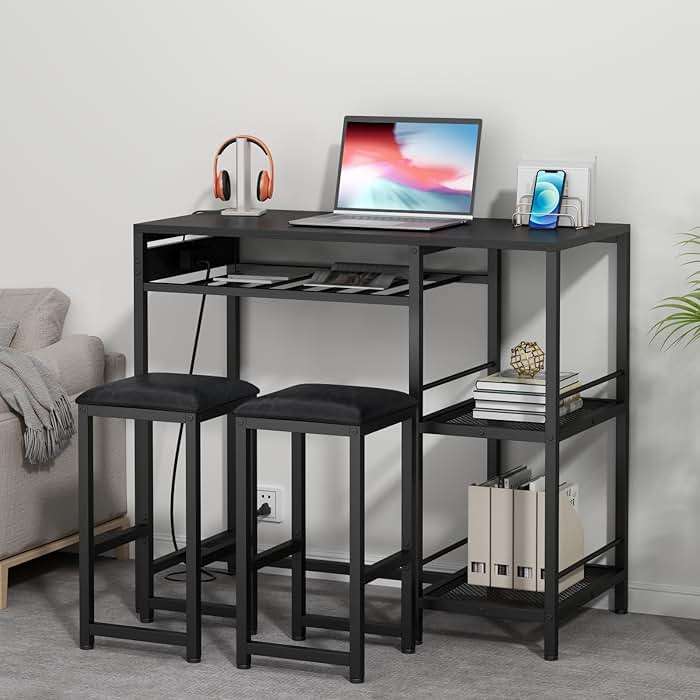 Gyfimoie Bar Table and Chairs Set with Power Outlet, Pub Table and Chairs Set for 2 with 2 Storage Shelves, 3 Piece Table Set with Wine Rack&Glass Holder for Living Room,Dining Room,Small Apt (Black) - Image 9