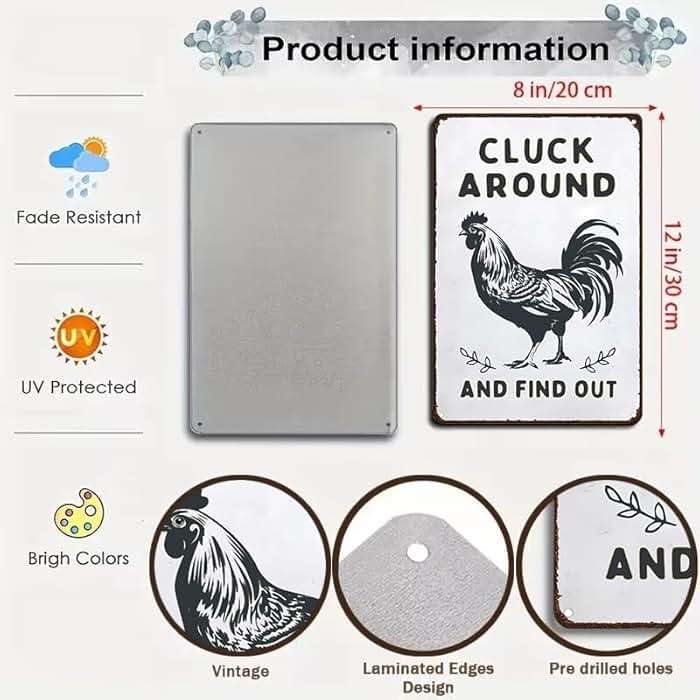 Smilelife Funny Chicken Gifts Chicken Cluck Around and Find Out Tin Sign for Home Farm Chicken Coop Farmhouse Kitchen Garden Decor 8 X 12 Inch (3020) - Image 3