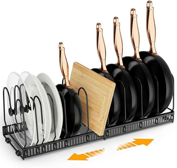 coneyaro Pots and Pans Organizer, Expandable Rack with 11 Dividers for Bakeware and Lid Storage (Black) - Image 1