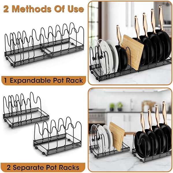 coneyaro Pots and Pans Organizer, Expandable Rack with 11 Dividers for Bakeware and Lid Storage (Black) - Image 3