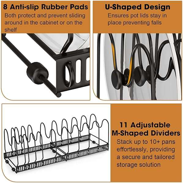 coneyaro Pots and Pans Organizer, Expandable Rack with 11 Dividers for Bakeware and Lid Storage (Black) - Image 4
