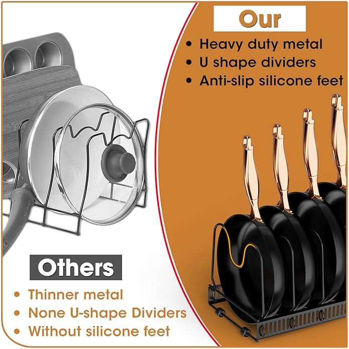 coneyaro Pots and Pans Organizer, Expandable Rack with 11 Dividers for Bakeware and Lid Storage (Black) - Image 5