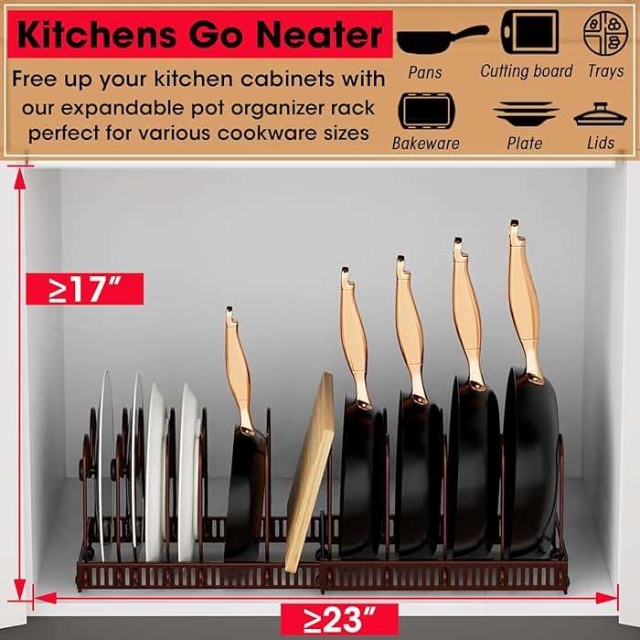 coneyaro Pots and Pans Organizer, Expandable Rack with 11 Dividers for Bakeware and Lid Storage (Black) - Image 7
