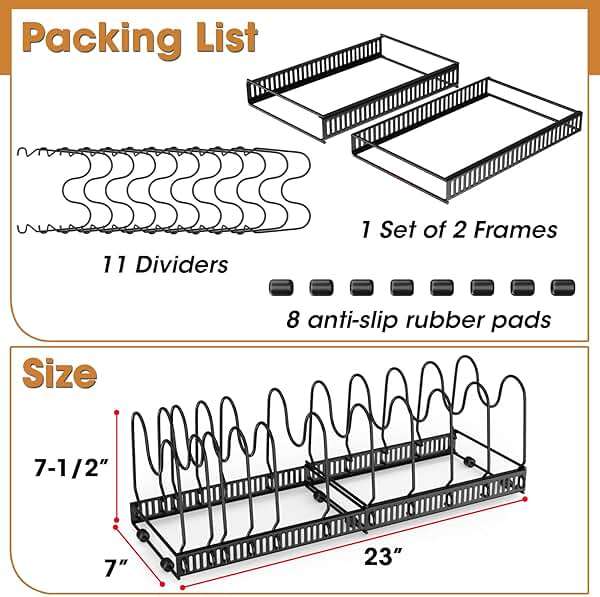 coneyaro Pots and Pans Organizer, Expandable Rack with 11 Dividers for Bakeware and Lid Storage (Black) - Image 8
