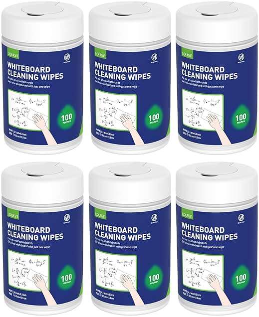 Loukin Whiteboard Cleaning Wipes, Dry Erase Board Cleaning Wipes, Non-toxic White board Wipes, 100 Wipes per Canister, 6 Pack - Image 1