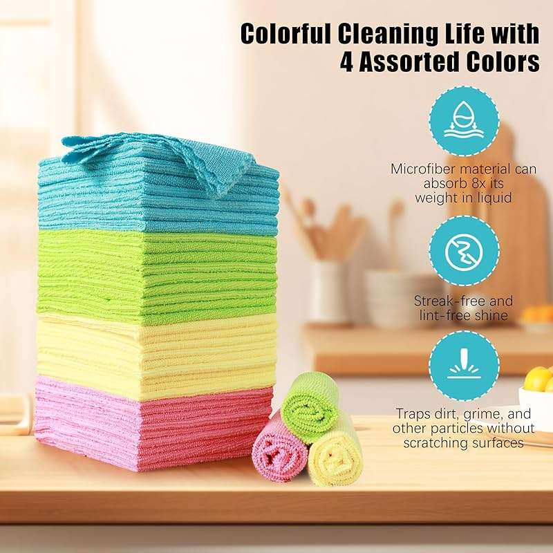 MOONQUEEN 12 Pack Microfiber Cleaning Cloth - Reusable Cleaning Rag, Fast Drying Cleaning Towels,12"X12", Green/Blue/Yellow/Pink - Image 4
