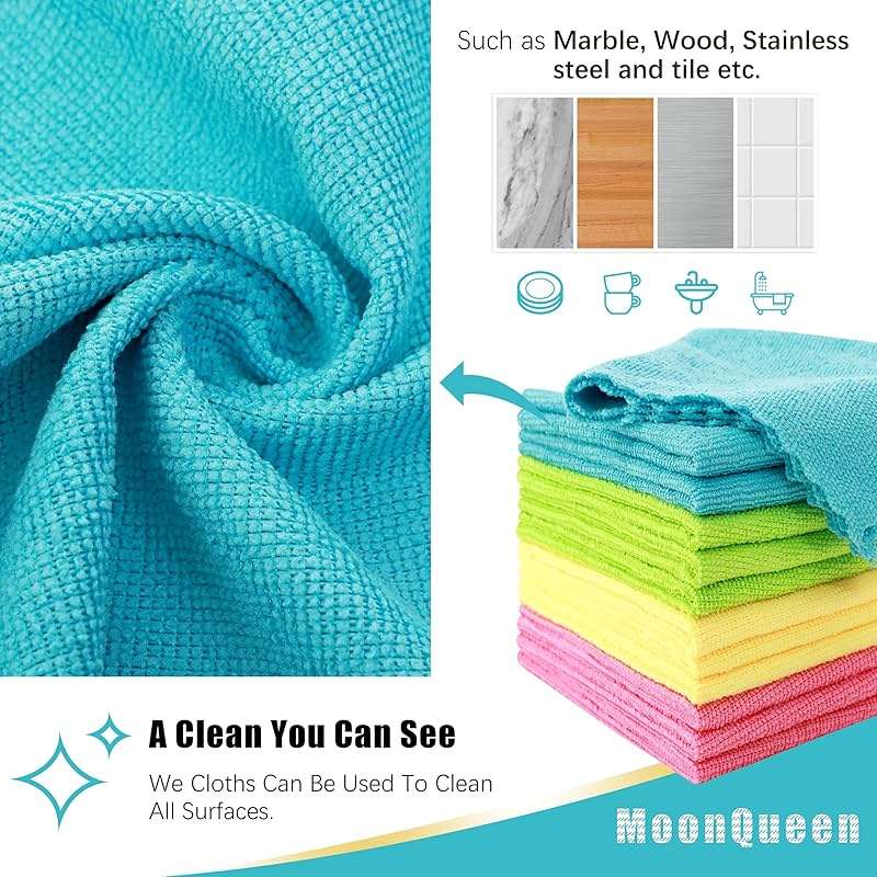 MOONQUEEN 12 Pack Microfiber Cleaning Cloth - Reusable Cleaning Rag, Fast Drying Cleaning Towels,12"X12", Green/Blue/Yellow/Pink - Image 6