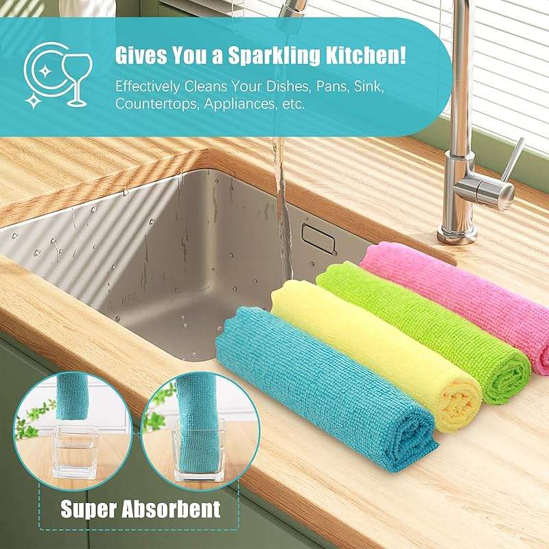 MOONQUEEN 12 Pack Microfiber Cleaning Cloth - Reusable Cleaning Rag, Fast Drying Cleaning Towels,12"X12", Green/Blue/Yellow/Pink - Image 7