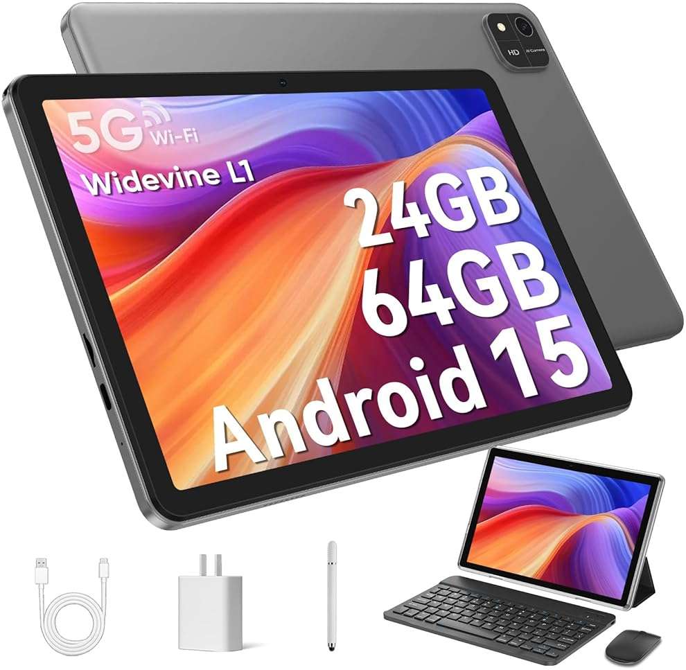 EDDBNi Android 14 Tablet 10.1 inch Tablet 2024 Latest Tablets with Keyboard Mouse 10GB+64GB 1TB Expand 6000mAh Octa-Core Processor Dual Camera WiFi 1280x800 IPS 18W Fast Charging (Black) - Image 1