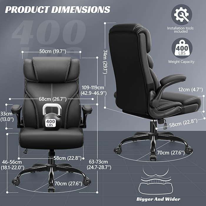 HeroSet Office Chair, Ergonomic Big and Tall Computer Desk Chairs, Executive Breathable Leather Chair with Adjustable Flip-up Armrests, Lumbar Support Swivel PC Chair with Rocking Function,Matte Black - Image 2