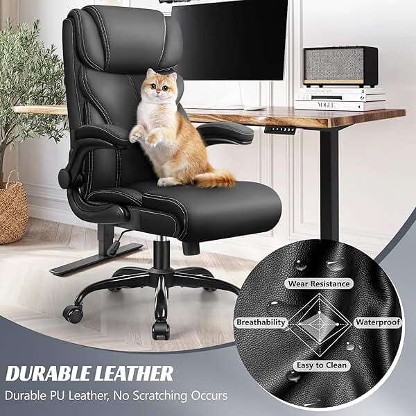 HeroSet Office Chair, Ergonomic Big and Tall Computer Desk Chairs, Executive Breathable Leather Chair with Adjustable Flip-up Armrests, Lumbar Support Swivel PC Chair with Rocking Function,Matte Black - Image 3